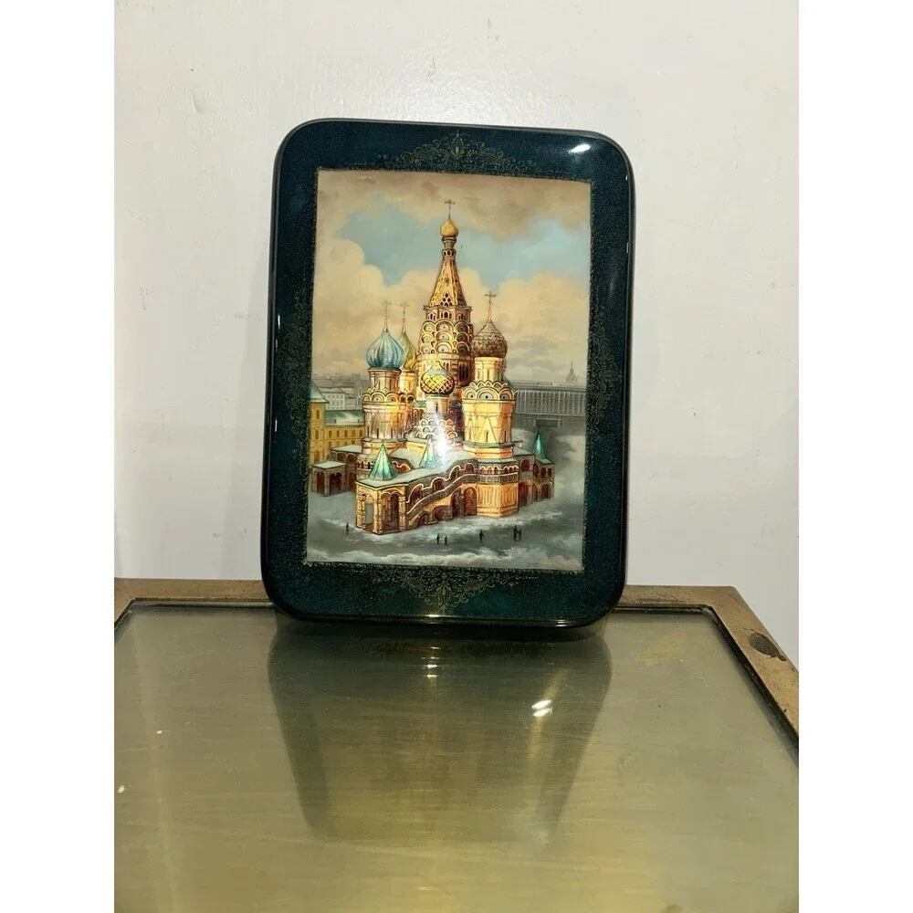 Signed Russian Lacquer Box St. Basil’s Cathedral Moscow Hand-Painted Hinged Box